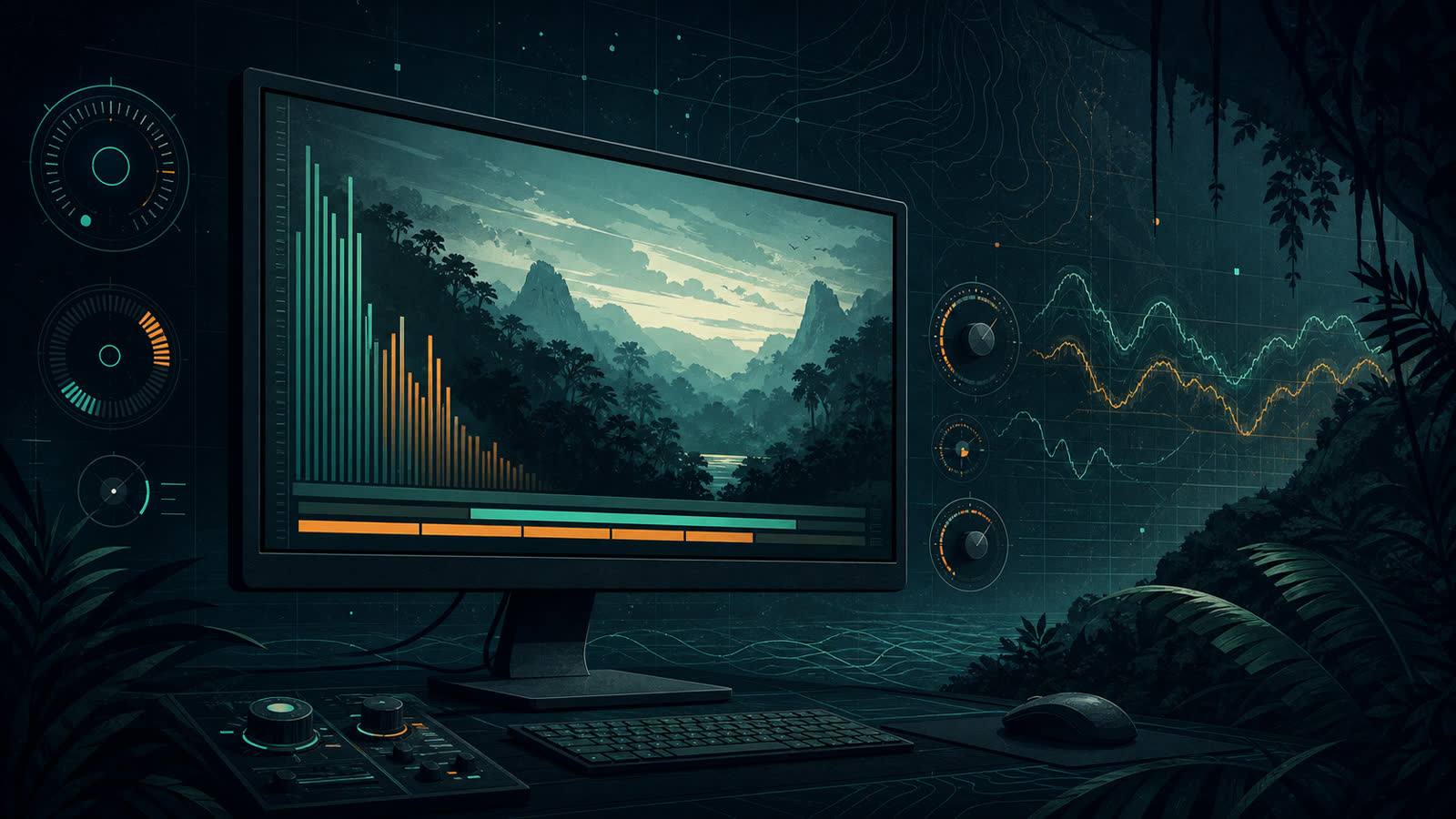 Abstract PC performance dashboard over a layered jungle landscape
