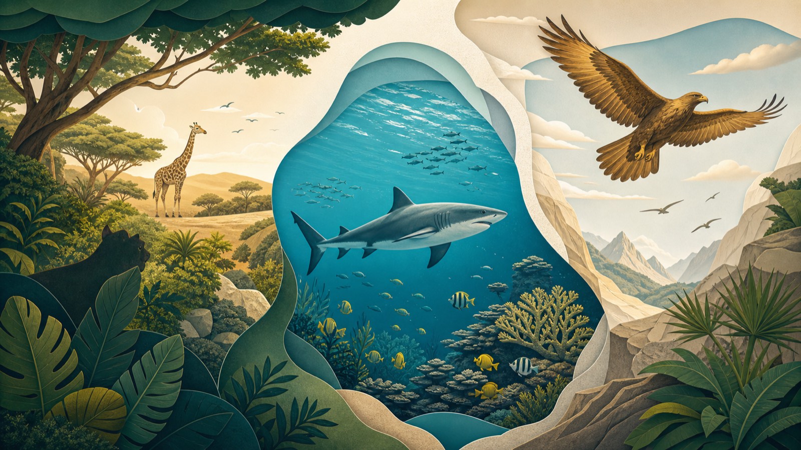 Illustrated terrestrial, aquatic and flying habitats connected in one landscape