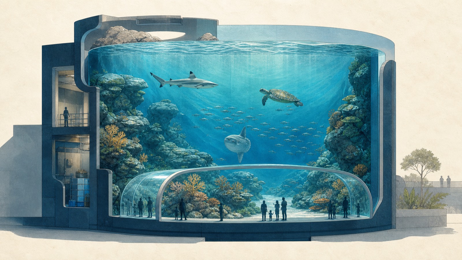 Cutaway conservation aquarium with shark, turtle, sunfish and schooling fish