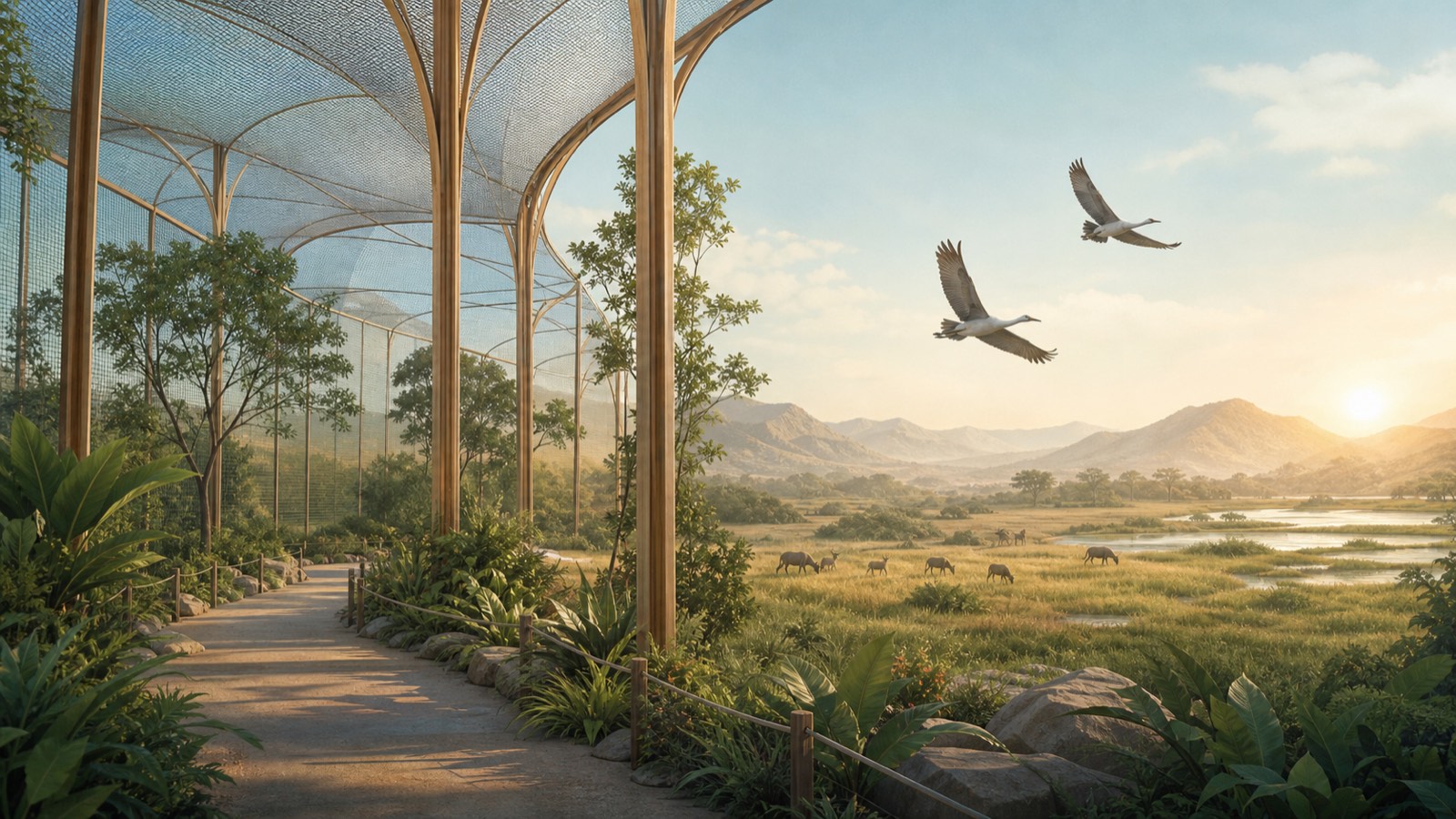 Spacious walk-through aviary opening toward a wetland wildlife reserve